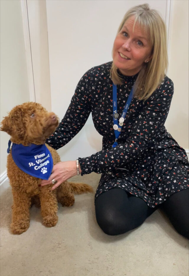 Labradoodle Finn the trainee therapy service dog with his owner Kerrie Jacobs, a teacher at St Vincent College’s School of Personalised Learning