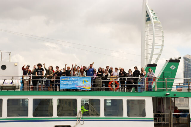 Frost Creative Studio Manager Rachel Bartlett, centre left, and Motion and Creative Designer Abbey Purkiss with St Vincent College music teacher Chris Harris and music students aboard the Gosport Ferry to launch the college’s second Summer Fest